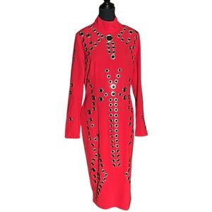 NWT ASOS FABULOUS RED OPEN SILVER GROMMET BODY CON CLUB RETRO Y2K MIDI DRESS 10